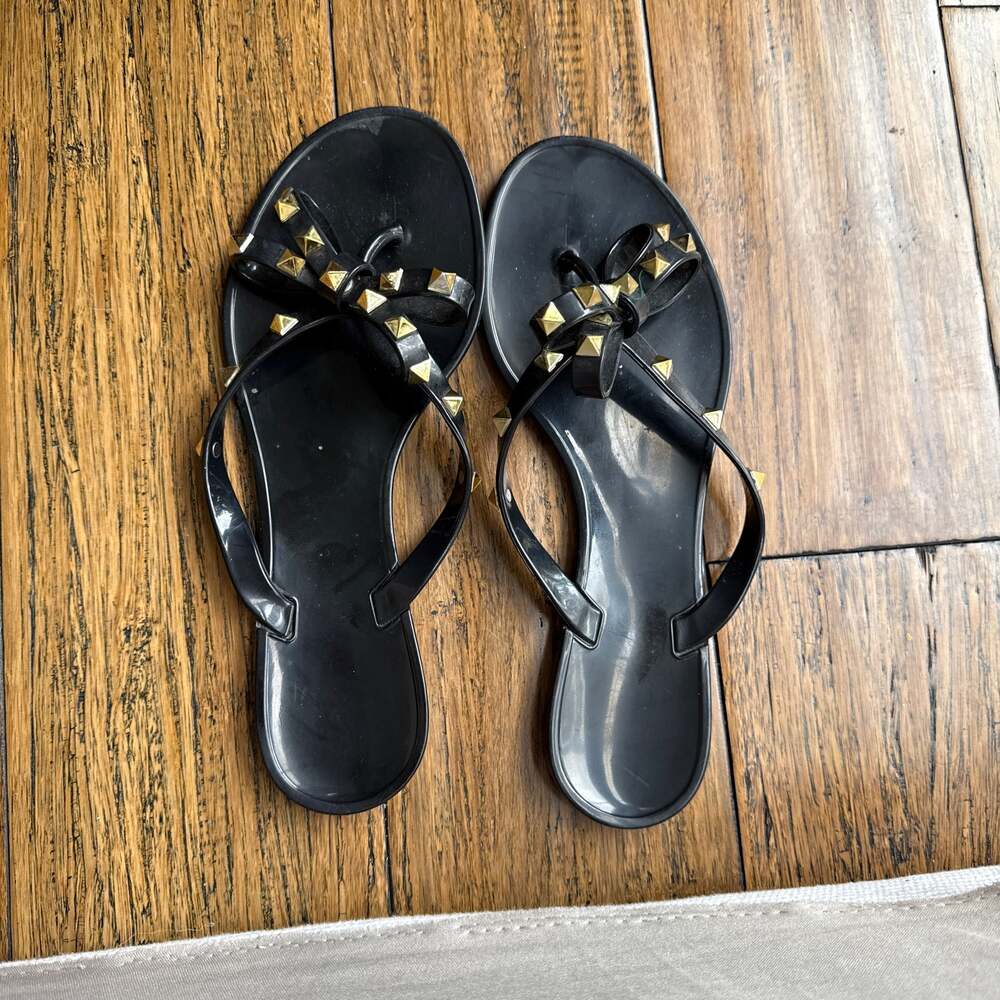 Women Jelly flip Flop Bow Sandals-Beach Flat Rivets Rain Ankle Strap Thong Black